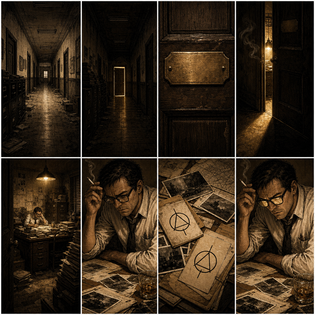 Source storyboard 01 used in ComfyUI and Seedance, showing the hallway, office door, and archivist examining records