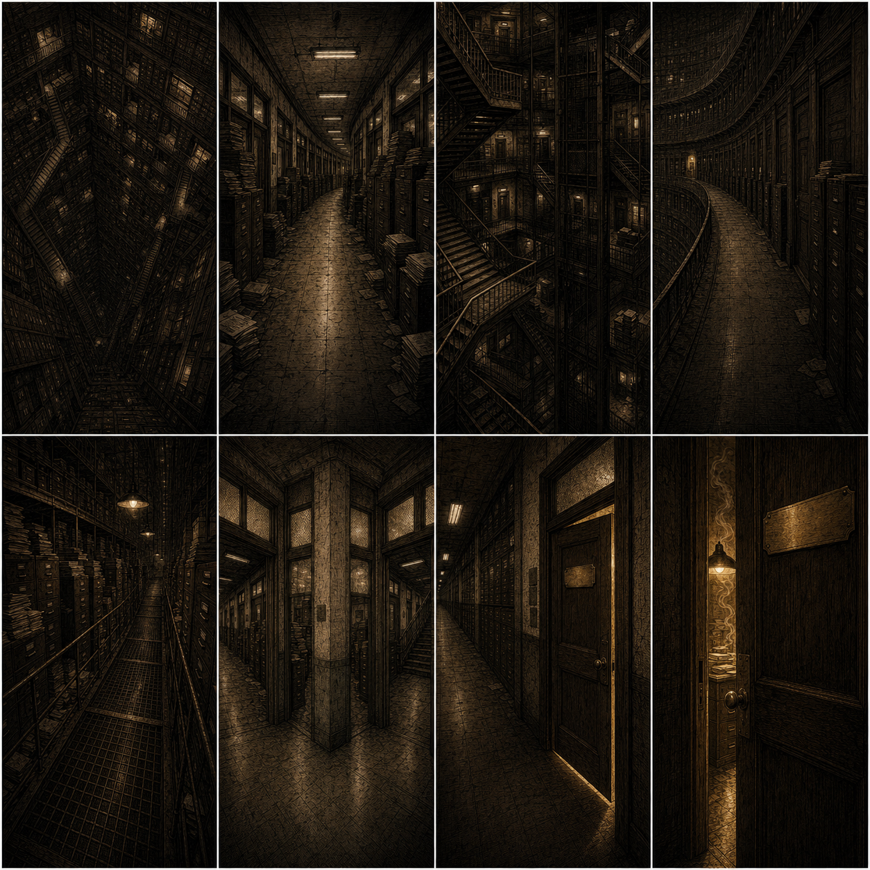 Source storyboard 02 used in ComfyUI and Seedance, showing archive corridors, towering shelves, staircases, and a lamplit doorway