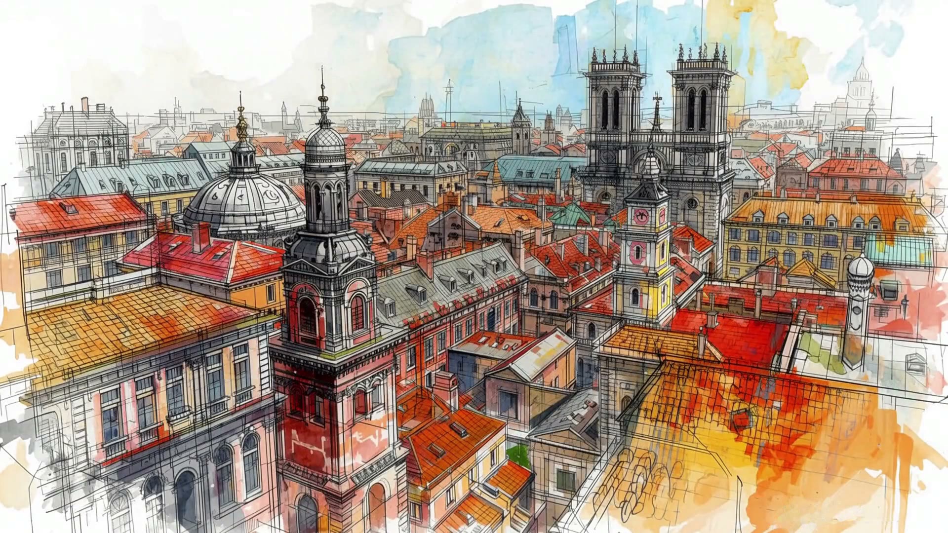 Frame extracted from Painted City showing illustrated rooftops and watercolor architecture