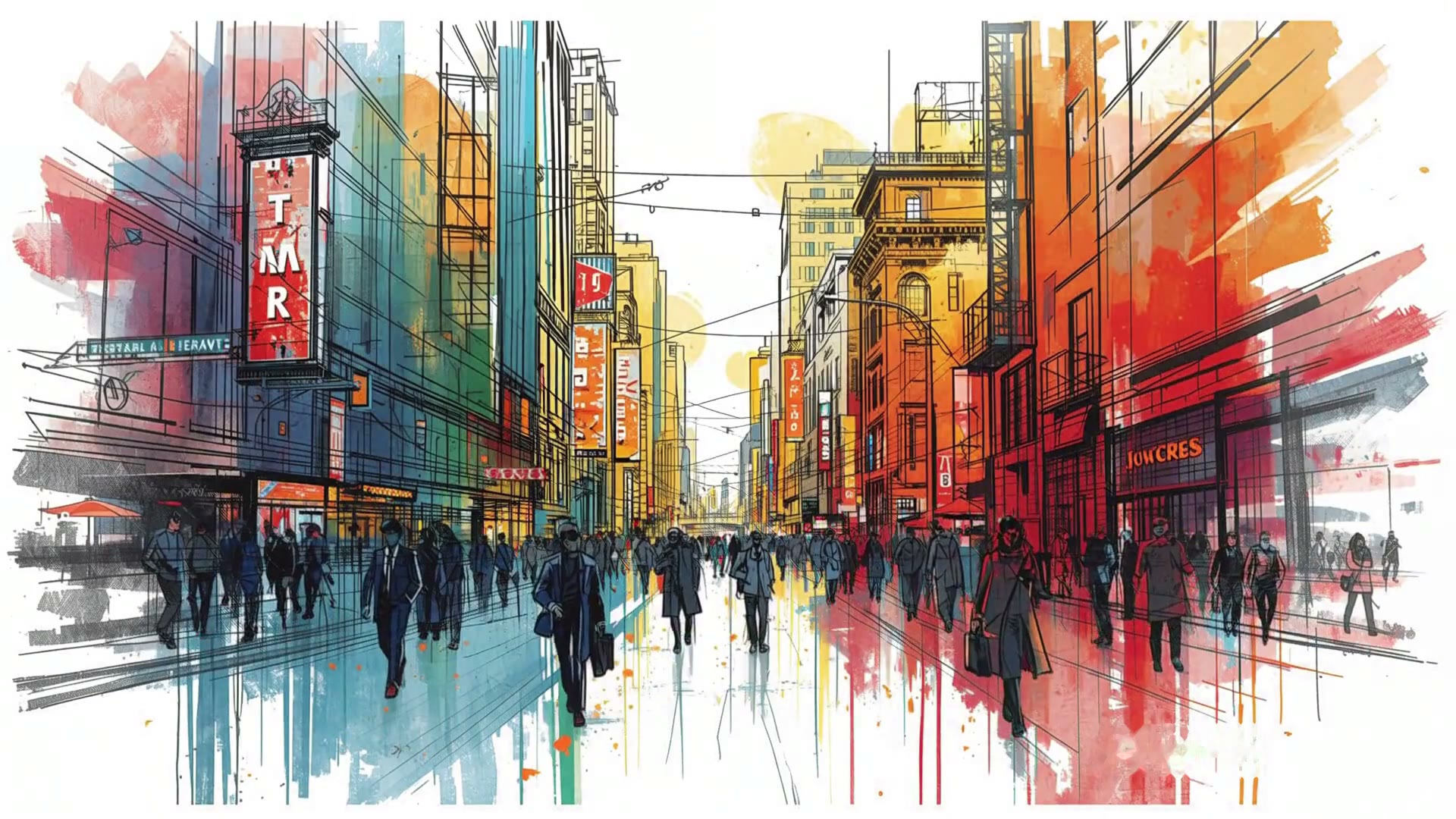 Frame extracted from Painted City People showing a colorful illustrated street with pedestrians